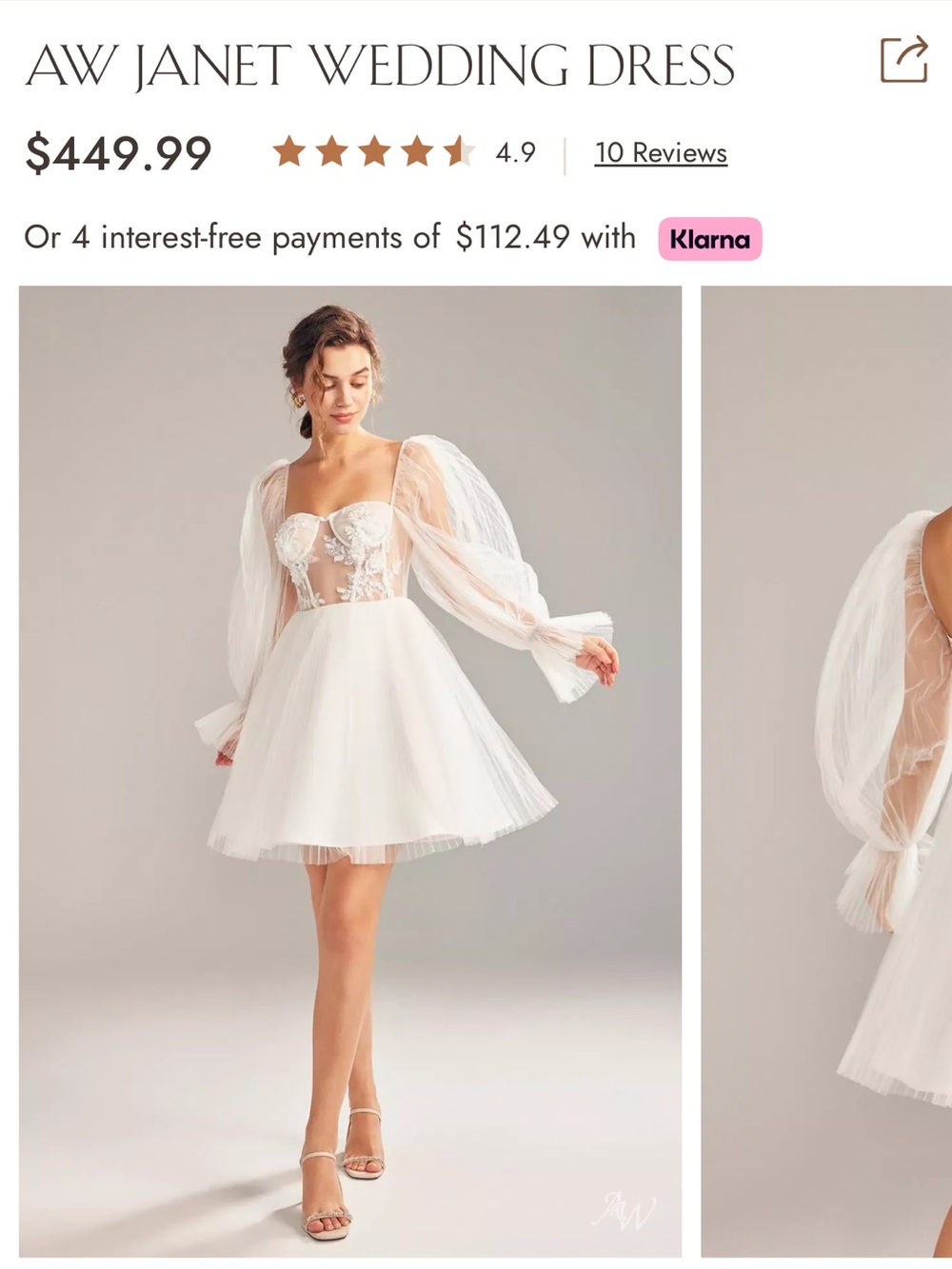 AW Janet Short White Wedding Dress with Sheer Puff Sleeves